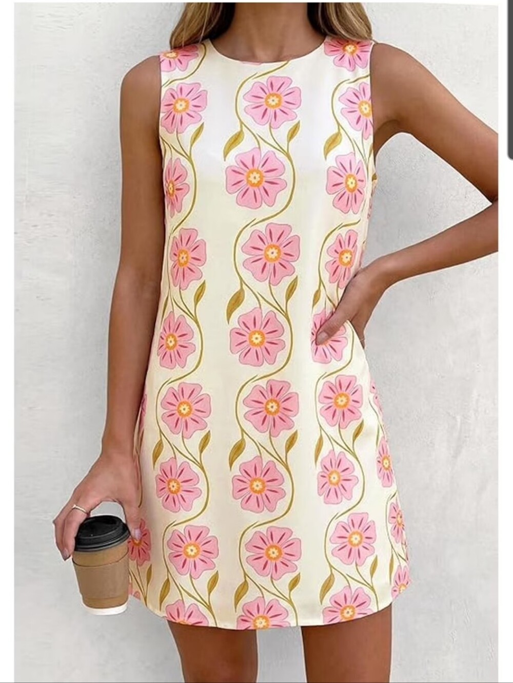 PRETTYGARDEN Womens Sleeveless Shift A-Line Mini Dress in White Pink Floral